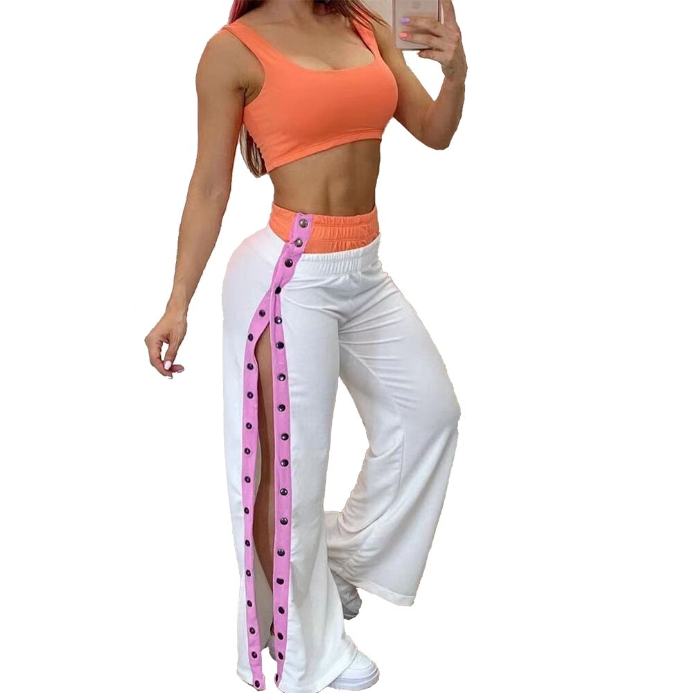 OLOMLB Women's Vest Trousers Suit Y2k Clothes Harajuku Women Side Button Slit Trousers Featured Multicolor High Waist