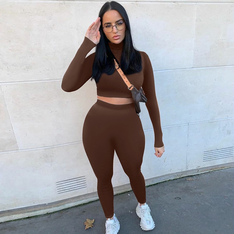 Winter Women Sport Fitness 2 Two Piece Set Outfits Long Sleeve Crop Tops Tshirt Leggings Pants Set Bodycon Tracksuits Women's
