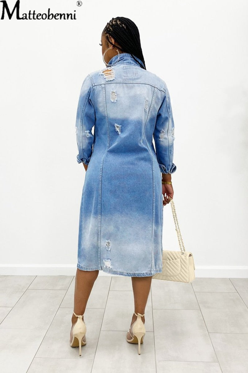 Autumn Women Sexy Ripped Denim Jackets 2021 Vintage Casual Long Jean Jacket Winter Female Long Sleeve Coat Streetwear