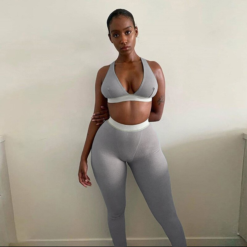 Fitness Knit Rib Tracksuit Women Summer Sexy Lounge wear V Neck Backless Crop Top with Sweatpants Two Piece Set Jogging Femme