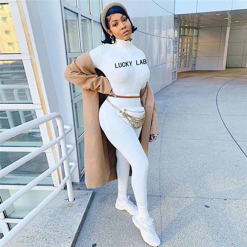Lucky Label 2 Piece Set Women Fall Fitness Outfit Tracksuit Stretch Knitted Top Leggings Matching Set Girl Wholesale Dropshpping