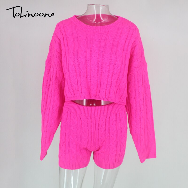 Tobinoone Two Piece Set Women Set Autumn Winter Outfits Long Sleeve Knitted Sweater Top And Shorts Pants Suit Sexy Sweater Set