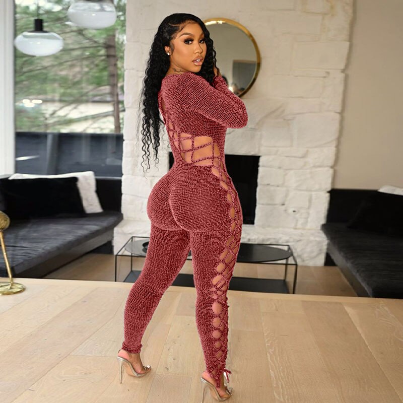 hirigin Sexy Knitted Long Sleeve Jumpsuit Hollow Bandage Birthday Outfits for Women Plus Size Clothing Club Rompers