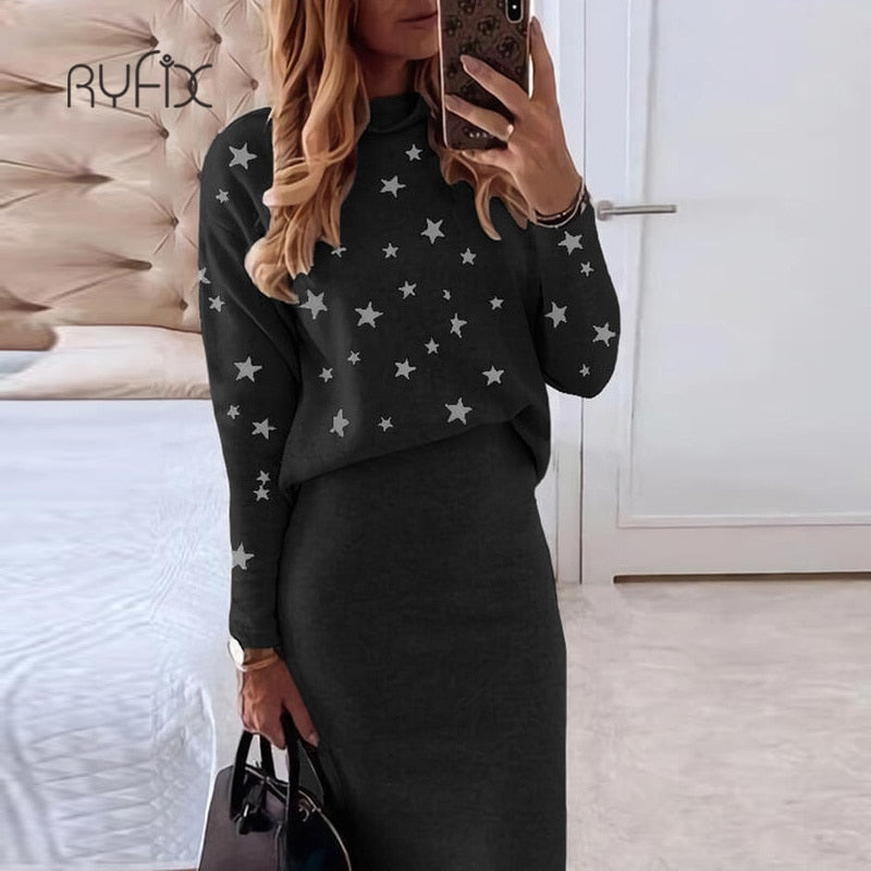 2022 Autumn winter Women Skirt 2 Piece Set Long Sleeve Turtleneck Slim Skirt Set Elegant Office Lady Knitted Sweater Skirt Suit