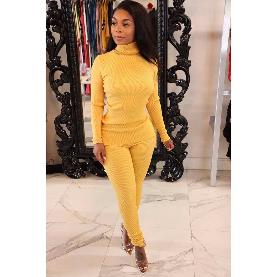 CM.YAYA Basic Ribbed Women's Tracksuit Turtleneck Sweater Tops and Pants Suit Matching Two 2 Piece Set Outfits Knitted Sweatsuit