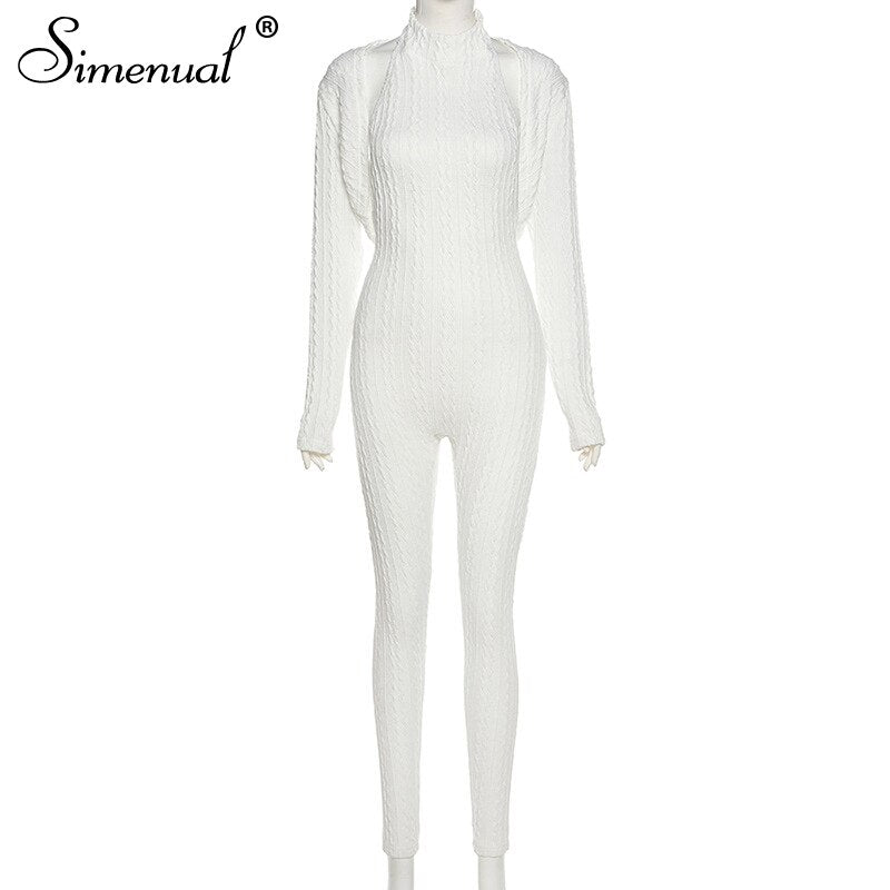 Simenual Knitting Twist Crop Top And Jumpsuit Matching Sets Casual Long Sleeve Women Halter Clothing Bodycon 2 Piece Outfits Hot