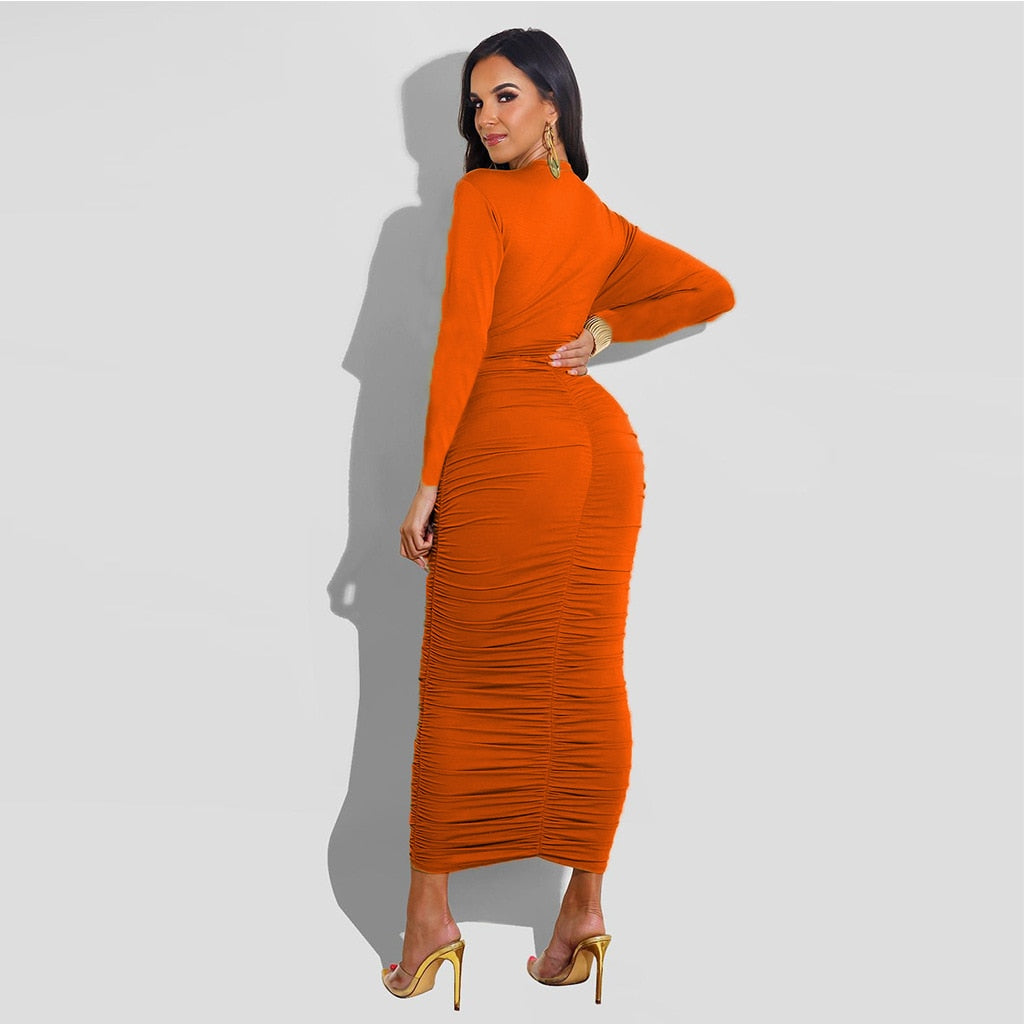 Sexy Long Pleated Dress Women Hollow Out Draped Bodycon Sundress Party Club Dresses Summer Clothings 2021