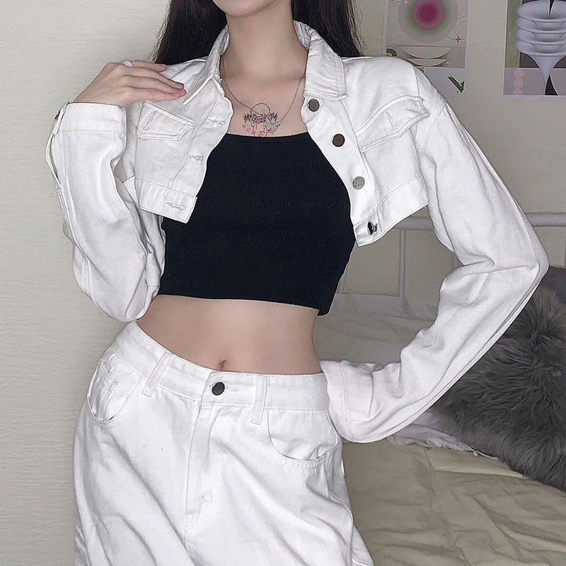 Y2K Solid Cropped Denim Jacket Women Autumn Vintage Sexy Kpop Streetwear Jeans Down Coat Female Winter 2020 E Girl Top Iamhotty