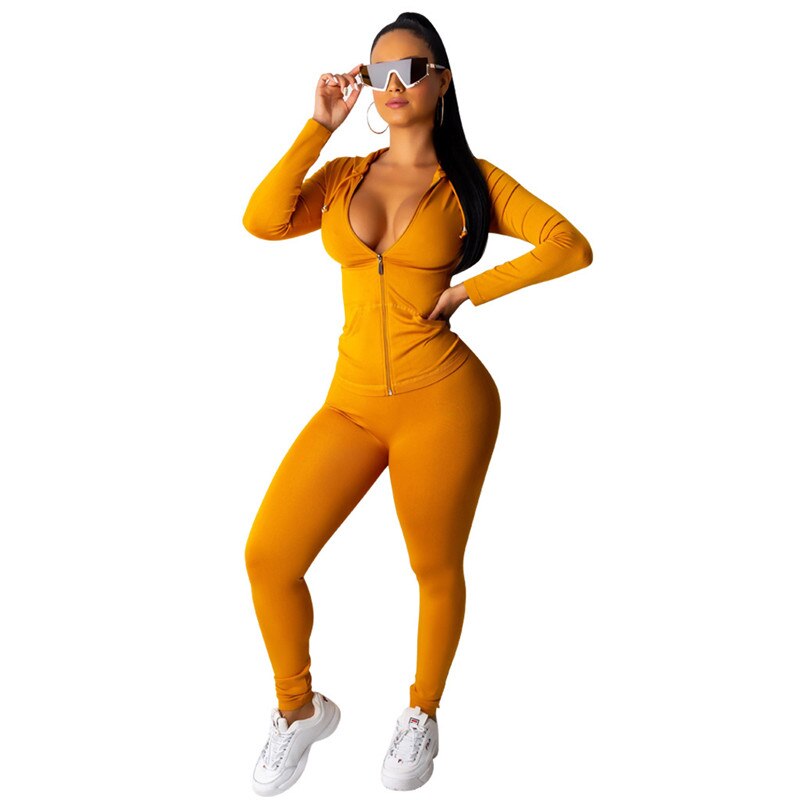 Neon Green Orange Women Two Piece Sets Long Sleeve Zipper Hooded Sweatshirt Tops and Tight Pants Female Jogger Casual Sweatsuit