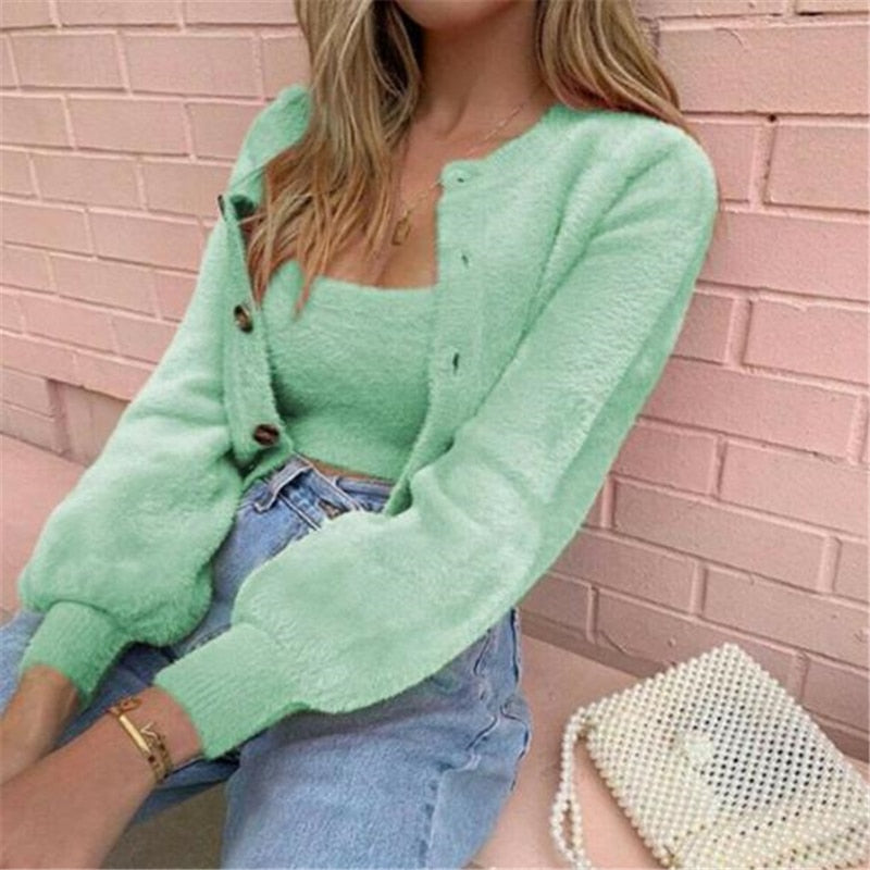 Women Clothes Set Autumn Winter Ladies Loose Long Sleeve Cardigan Tops+Vest Fleece Kimono Tops Blouse Coat Jacket Clothing Set