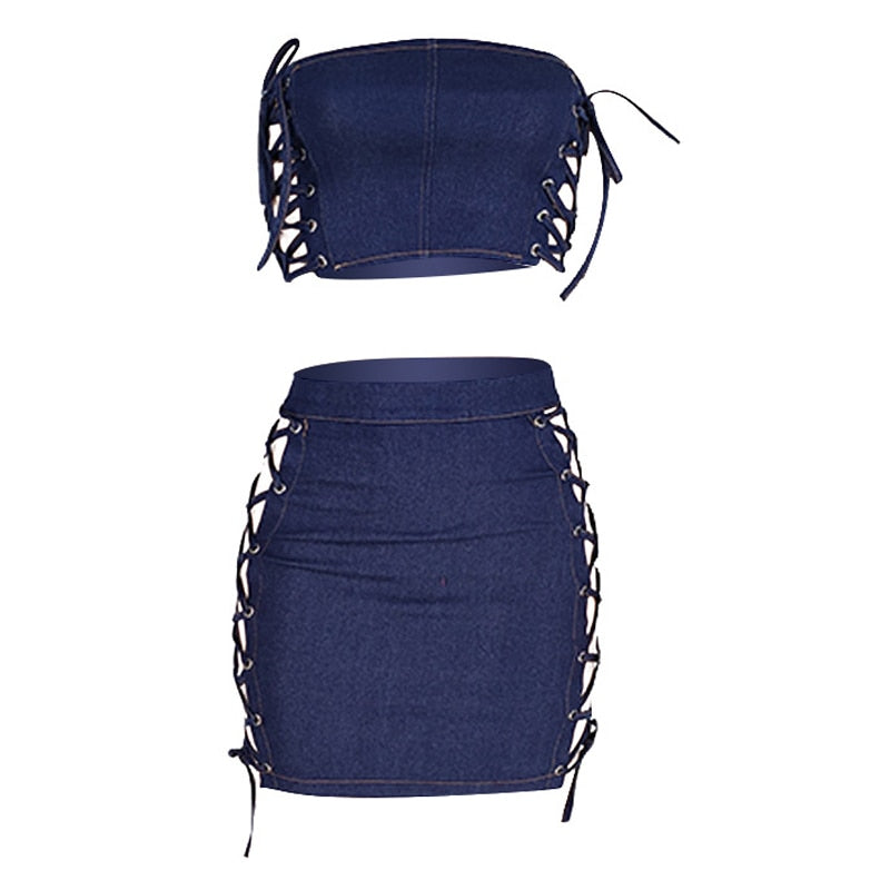 Beyprern Fashion Hollow Out Laced Denim Skirt Set (Navy) Summer Women Jeans Crop Top And Bandage Set Two-Piece Outfits Clubwear