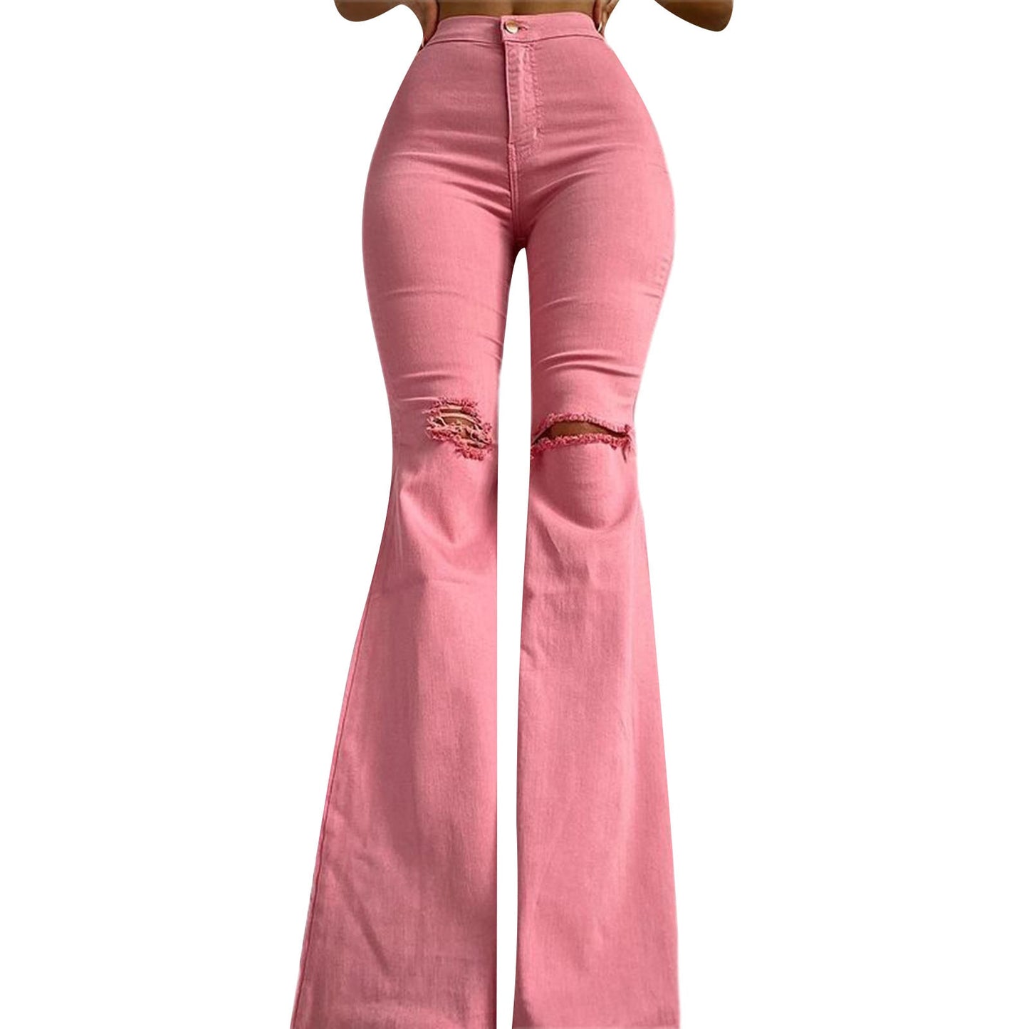 Skinny Flared Jeans High Waist Solid Color Knees Hole Tight Denim Pants Washed Wild Stylish Chic Sexy Tassel Hem Trousers