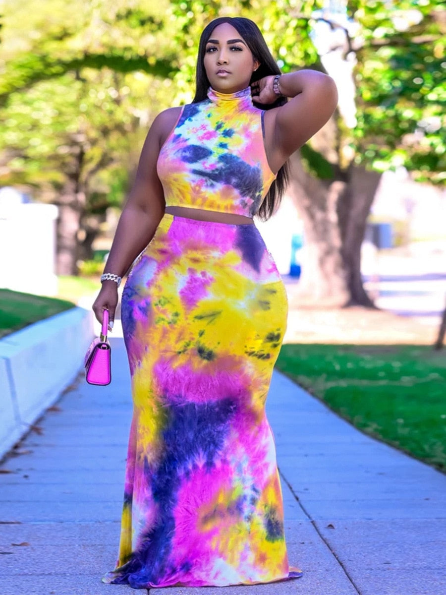 XL-5XL Plus Size Sets Women Clothing Summer 2021 Sexy Tie Dye Sleeveless Top And Long Skirt 2 Two piece set dress suit Wholesale