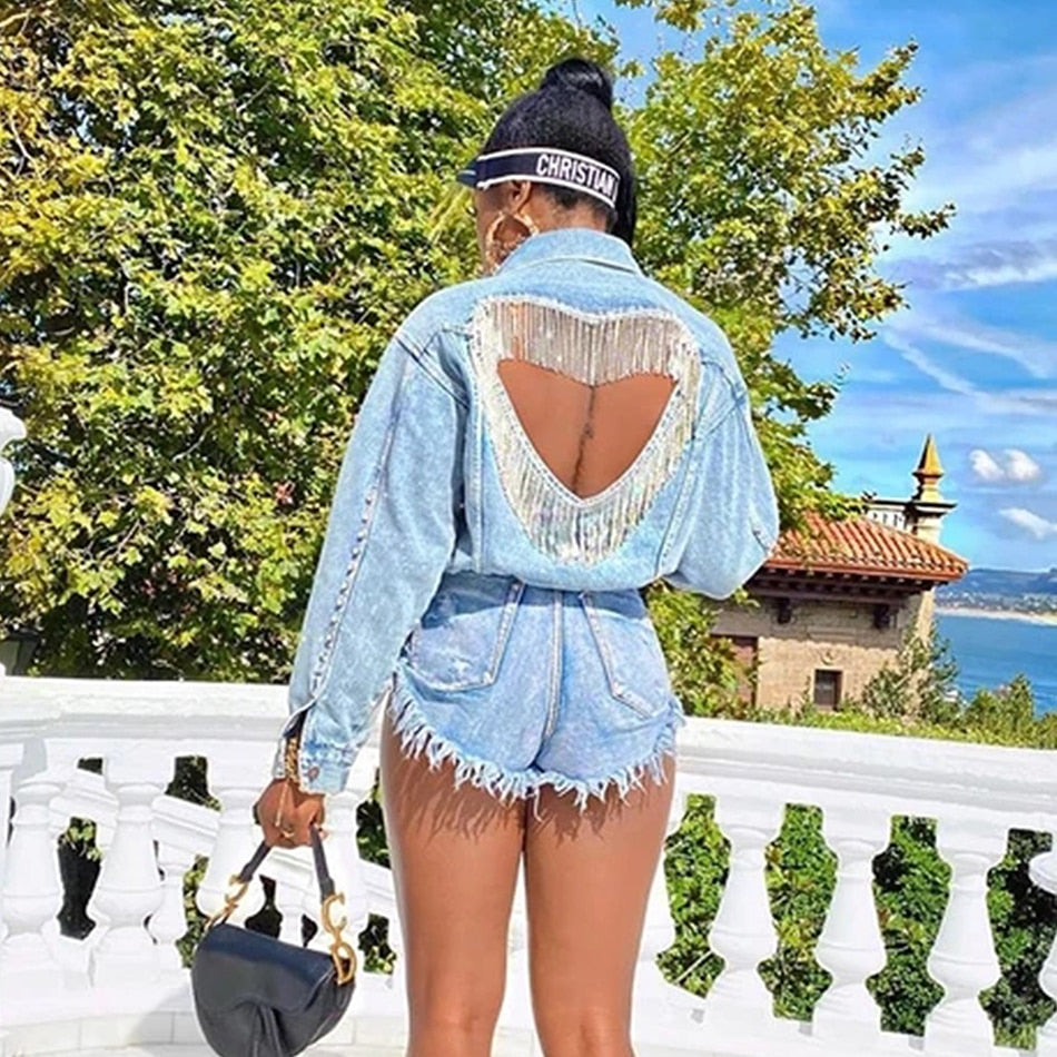 Denim Jacket Female Light Blue Diamond Tassel Coat Single-Breasted Open Back Women Jeans Coat 2021 Autumn Fashion New Clothing