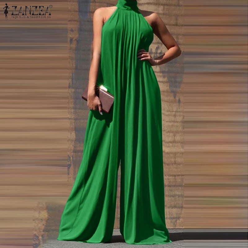Summer Fashion Wide Leg Rompers Women Elegant Solid Long Jumpsuits ZANZEA Party Sexy Sleeveless Playsuit Office Overall Dungaree