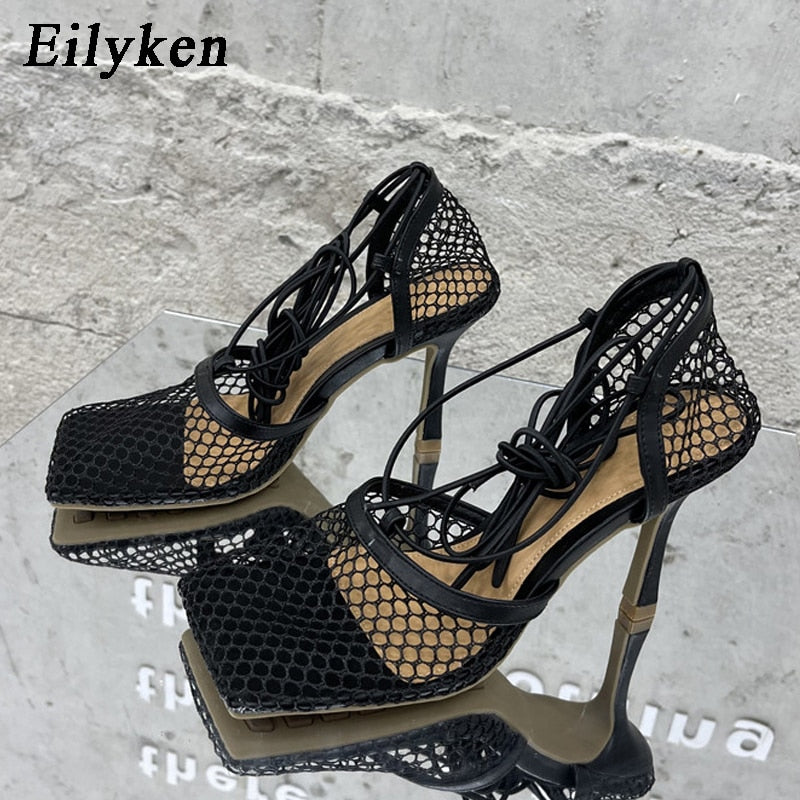 Eilyken 2022 New Sexy Yellow Mesh Pumps Sandals Female Square Toe High Heel Lace Up Cross-Tied Stiletto Hollow Dress Shoes