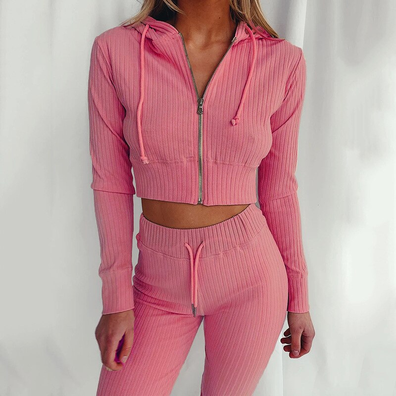 Ribbed Hoodie Two Piece Set Tracksuit Women Long Sleeve Sweatshirt Pencil Pants Suit Joggers Sport Fitness Outfits Sweatsuits