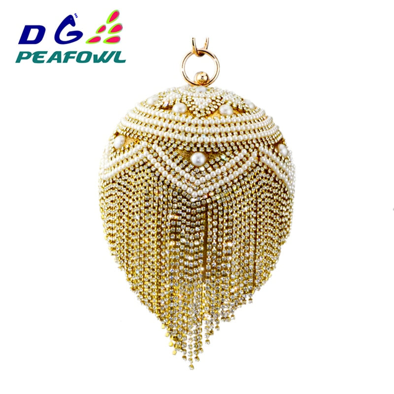 DG PEAFLOW Round Circular Gold Diamond Tassel Bridal Women Evening Party Crystal Clutch Bag Wedding Wristlets Purse