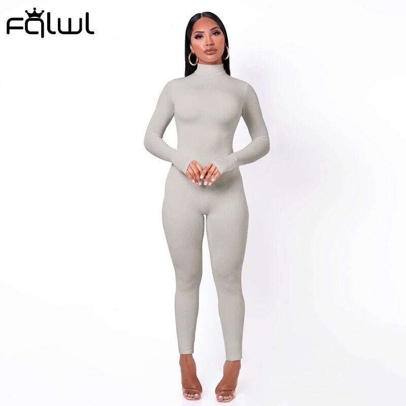 FQLWL Winter Long Sleeve Brown Sexy Bodycon Jumpsuit Women Romper One Piece Outfit Turtleneck White Black Jumpsuit Female Ladies