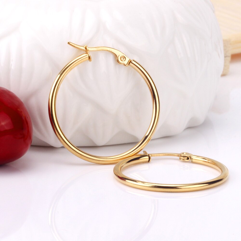 BOBOTUU Steel Gold Black Color Fashion Earrings Jewelry Stainless Steel Big Circle Round 20-60mm Hoop Earrings For Women BE18110