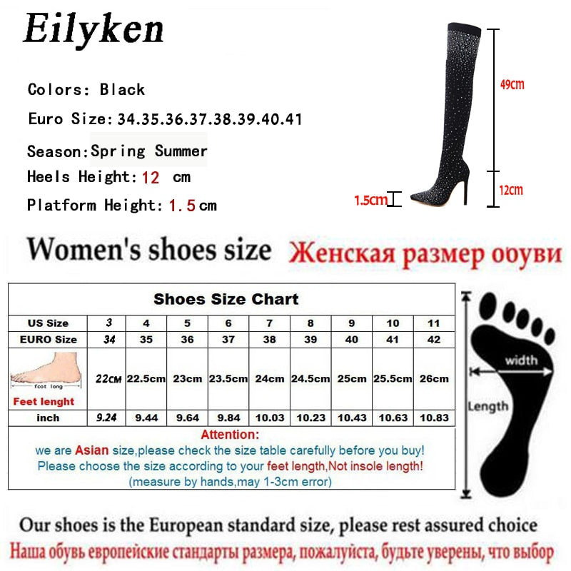 Eilyken 2022 Fashion Runway Crystal Stretch Fabric Sock Boots Pointy Toe Over-the-Knee Heel Thigh High Pointed Toe Woman Boot