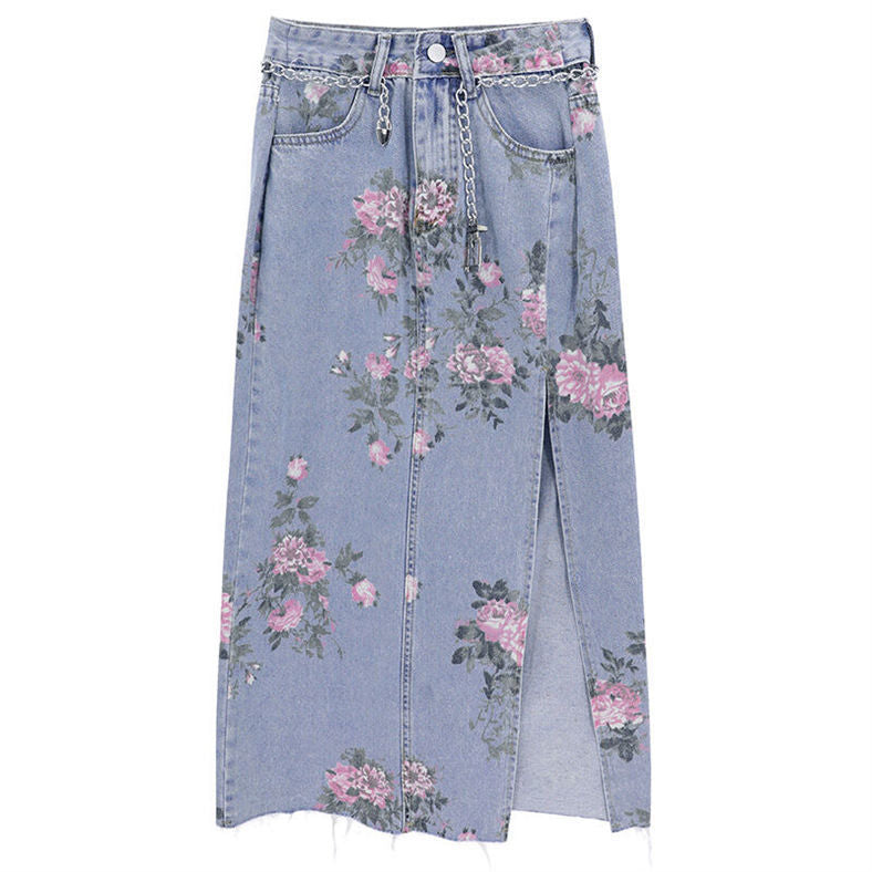 Streetwear Vintage Flowers Print Long Denim Skirts Summer 2021 High Waist Slim Sexy Open Split Straight Skirt Jeans Saias Female