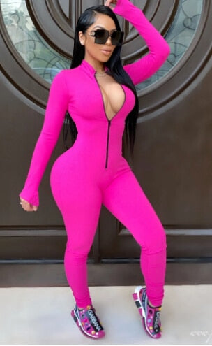2020 New Style Women Solid Color One Piece Jumpsuit Ladies Zipper Front Long Sleeve Fitness Rompers Playsuits