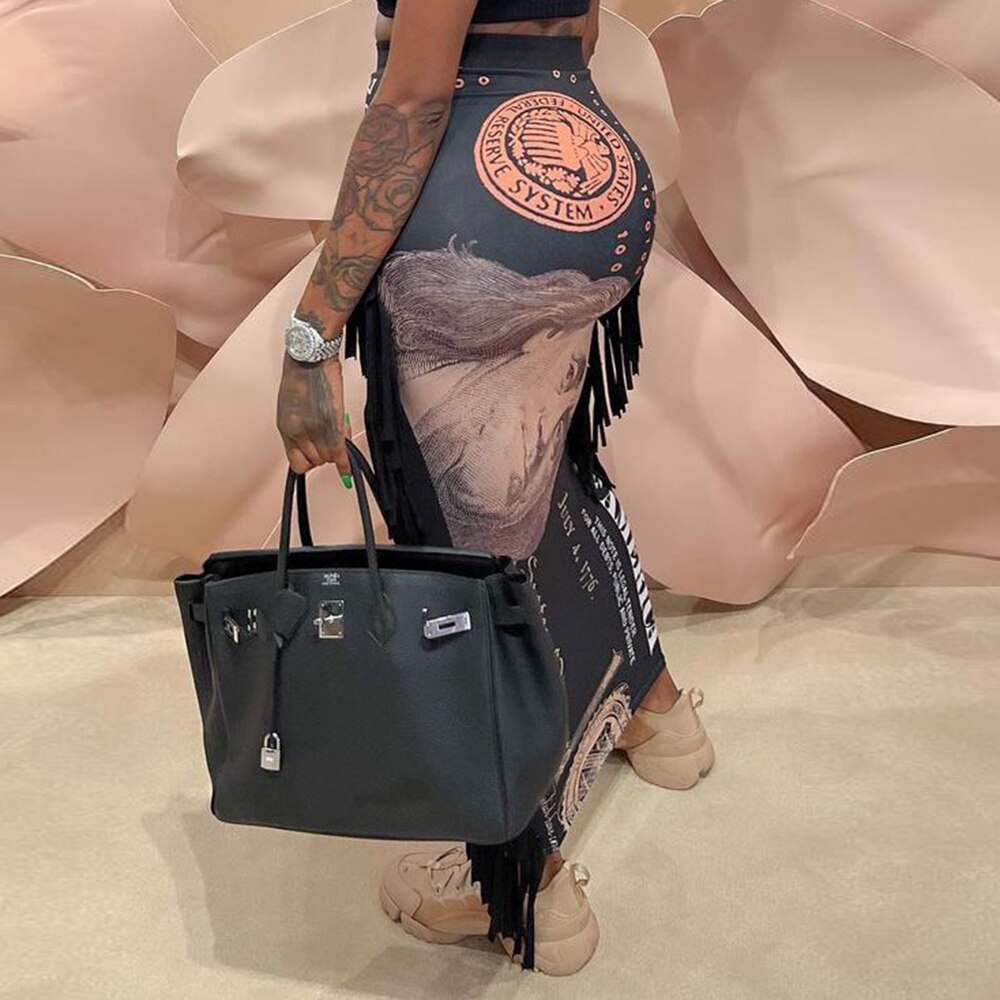2022 Autumn And Winter New Style Woman Skirts Streetwear Fashion Tassel Dollar Print High Waist Slim Skirt Long Skirts For Women