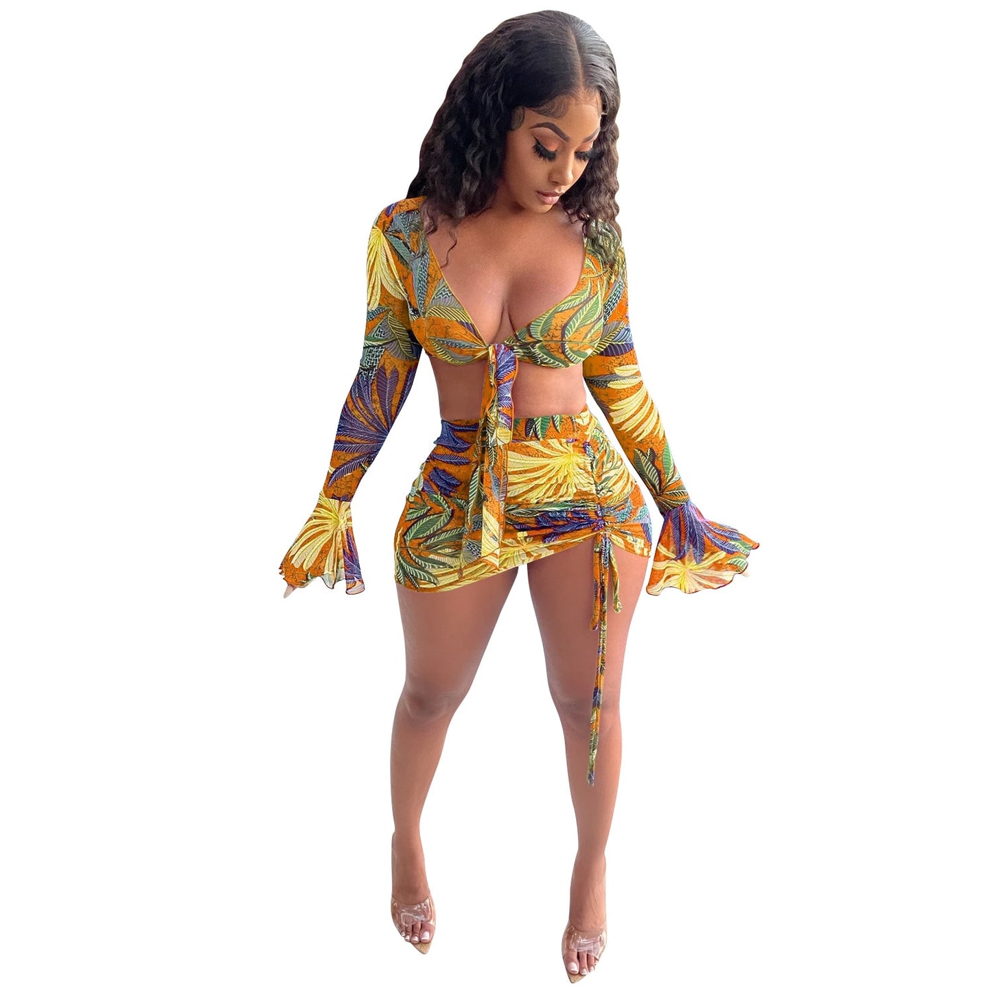 ANJAMANOR Tropical Floral Print Sheer Mesh Matching Skirt Set Sexy Beach Outfits Club Wear Two Piece Set Women 2021 D42-CG17