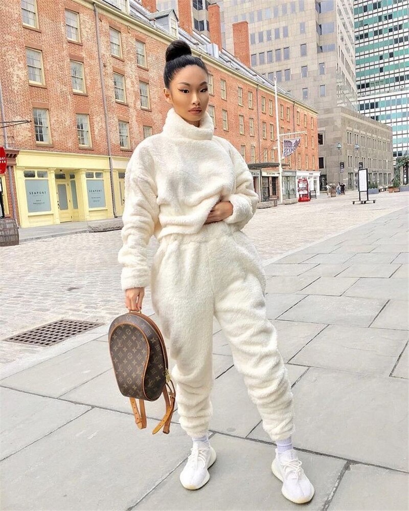 Women Two Piece Outfits Loose Casual Clothes Winter Plush Solid Color Turtleneck Sweater High Waist Elastic Waist Trousers Suit