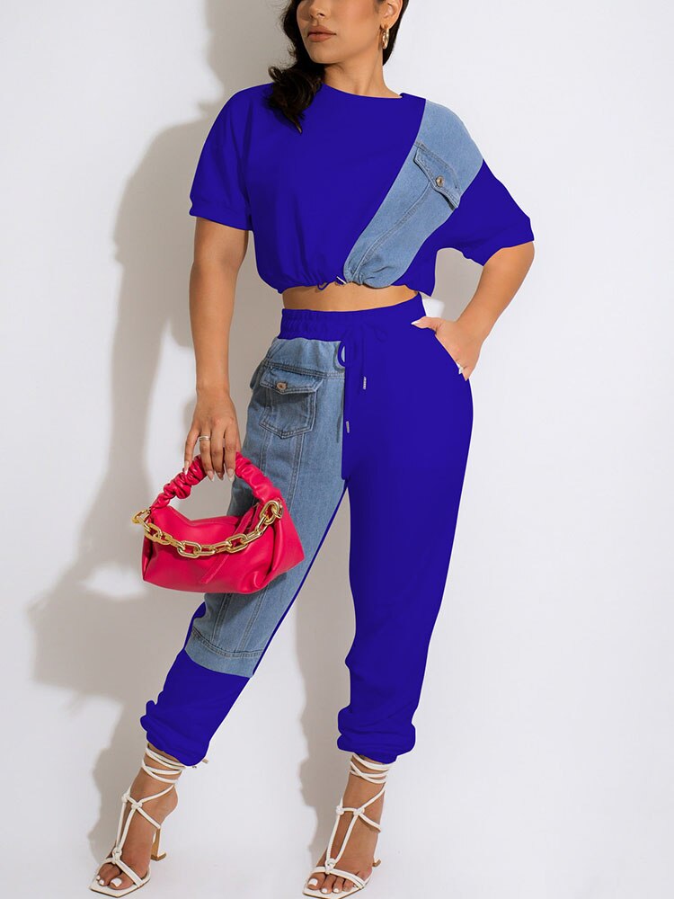 Women Two Piece Colorblock Denim Patchwork Suits Short Sleeve Crop Top & Slim Pants Set