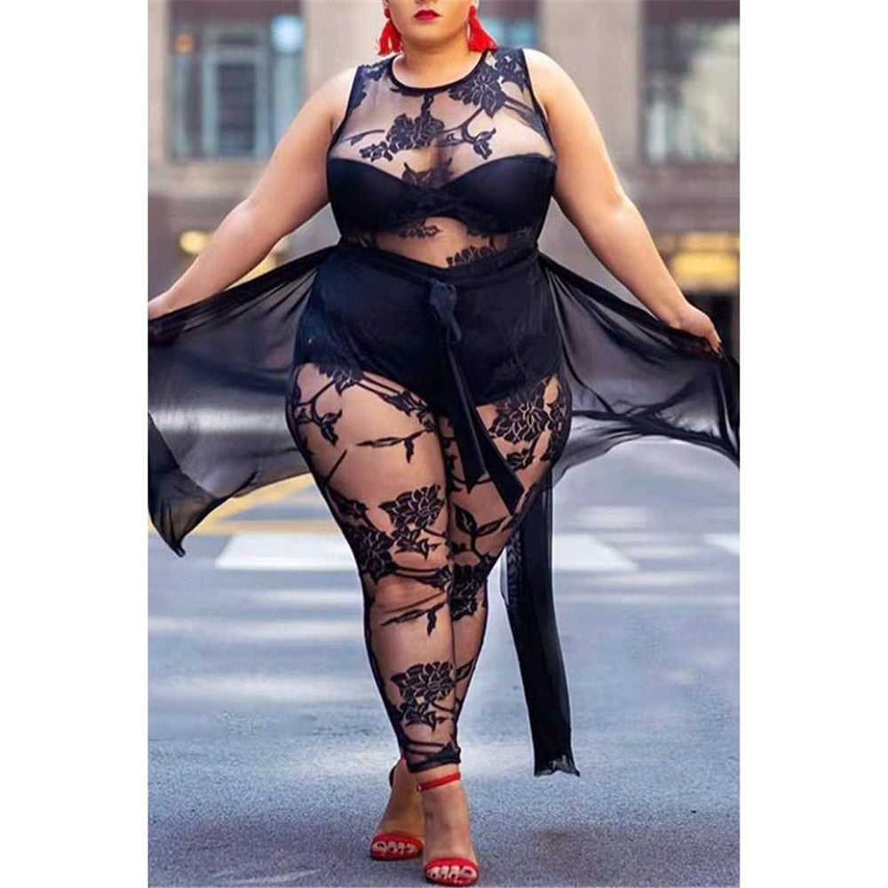 Black Sleeveless Jumpsuit Women Elegance Summer Street Wear Round Collar Lace Flocking Print Casual Base Wholesale Dropshipping
