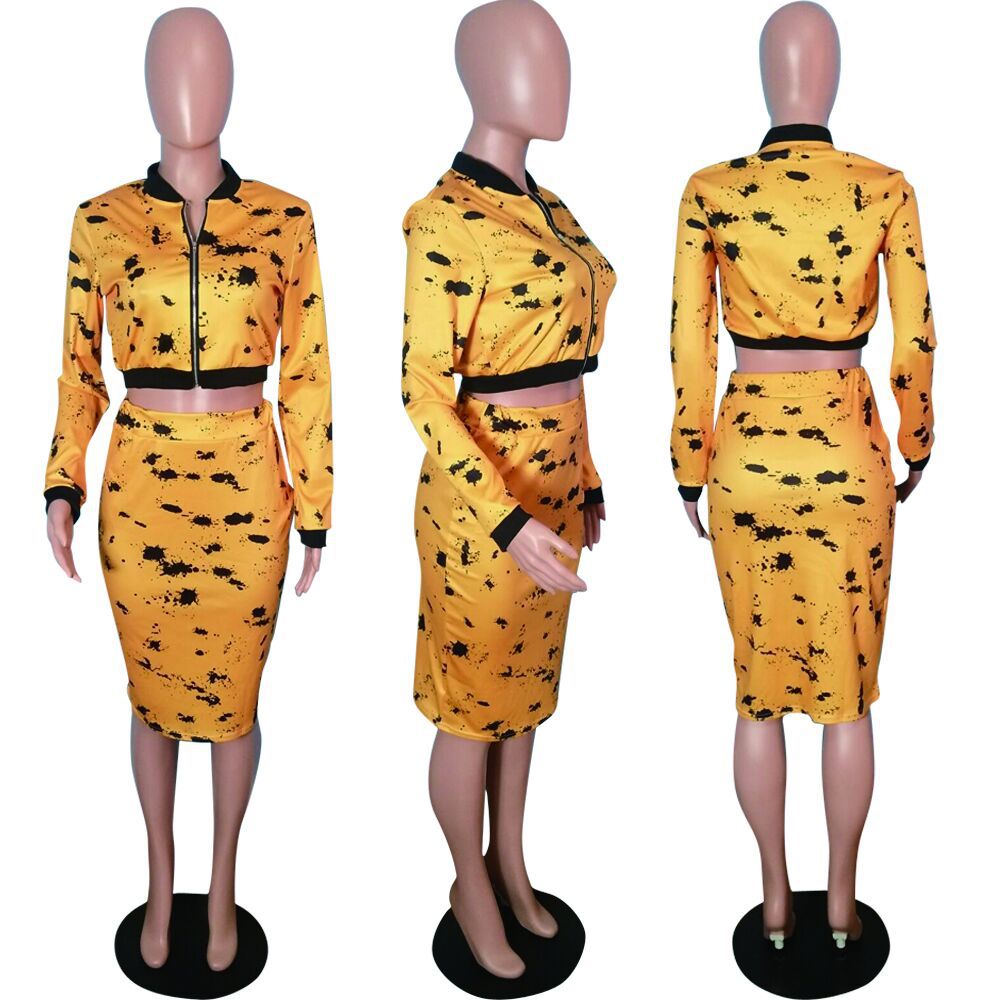 Women Crop Jacket and Midi Skirts Summer Outfit Camo Skirt 2 Peice Set Fashion Zipper V Neck Full Sleeve Crop Top Skirt Sets