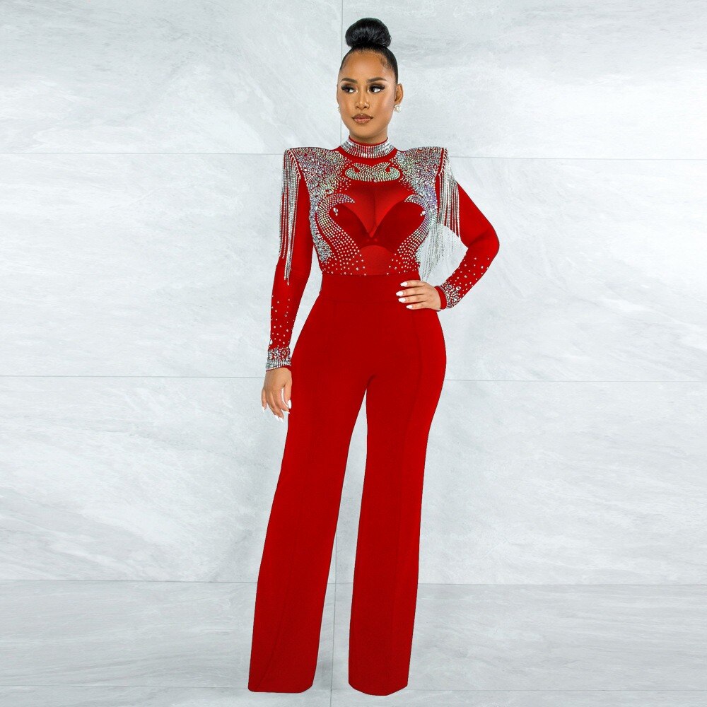 Women Sexy Romper Shining Embellished Rhinestones Luxury One Piece Jumpsuit Tassel Mesh See Through Transparent Night Club Party
