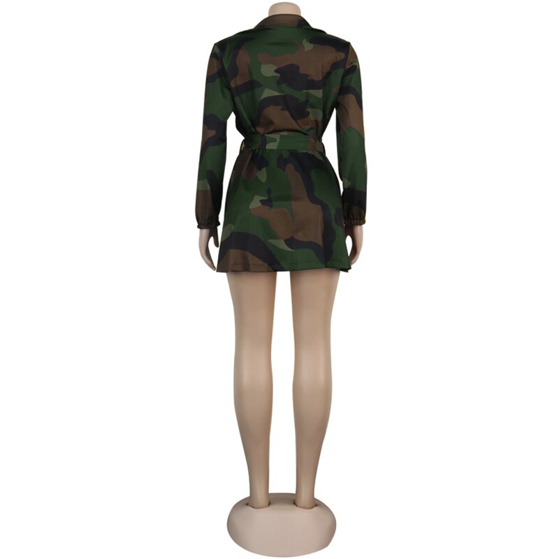 Plus Size Dresses for Women 5xl Fashion Long Sleeve Turn Down Collar Waistband Outdoor Wear Casual Camouflage Dress Wholesale