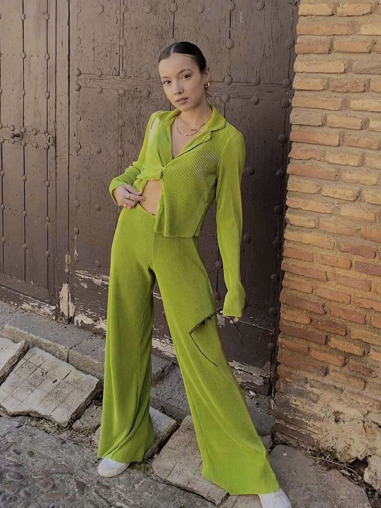 Women Pleated Sets Long Sleeve Blouse Two Piece Sets Casual Outifits Tracksuit Green Loose High Waist Wide Leg Pants Suits 2022
