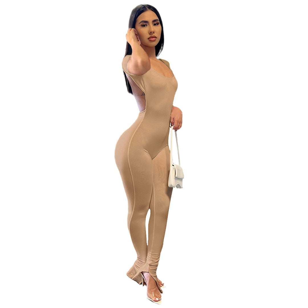 Echoine 2022 Women New Solid Backless Slit Flared Long Pants bodysuits Short Sleeve Jumpsuits Fasion Sexy Club Party overalls