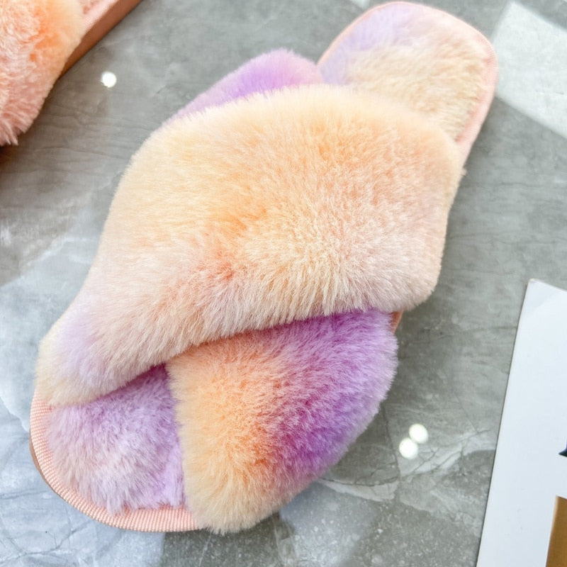 Winter Mixed-Color House Women Fur Slippers Rainbow Color Bedroom Girls Plush Shoes Open Toe Indoor Ladies Furry Slippers