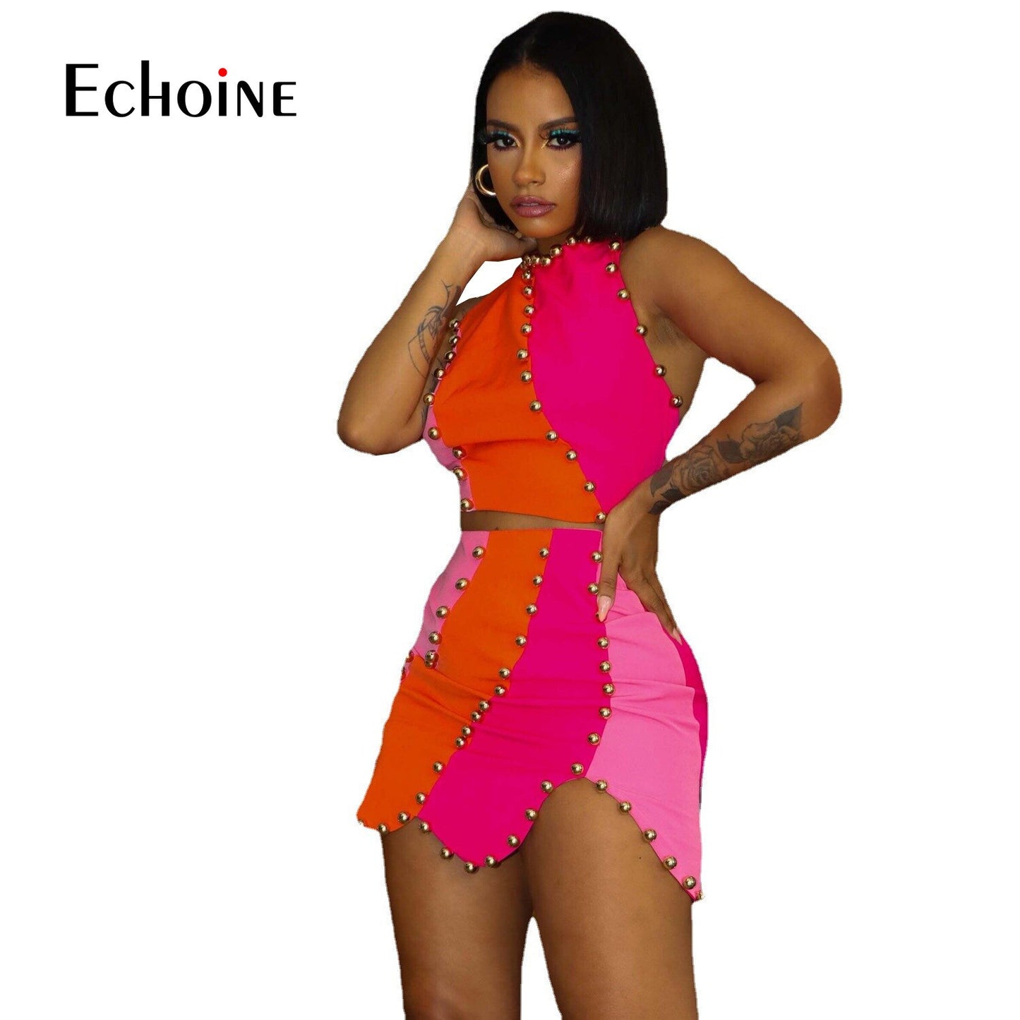 Echoine Summer Contrast Splice Flounces Straight Slim Sleeveless Vest + Mini Skirt 2 Two Pieces Set Women Elegant Party Outfits