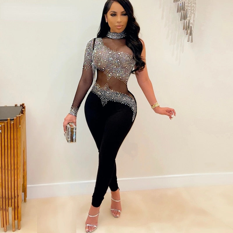 One Shoulder Sexy See Through Bodycon Outfits Perspective Summer Clothes Romper Rumper Jumpsuit Mesh Rhinestones Woman Bodysuits