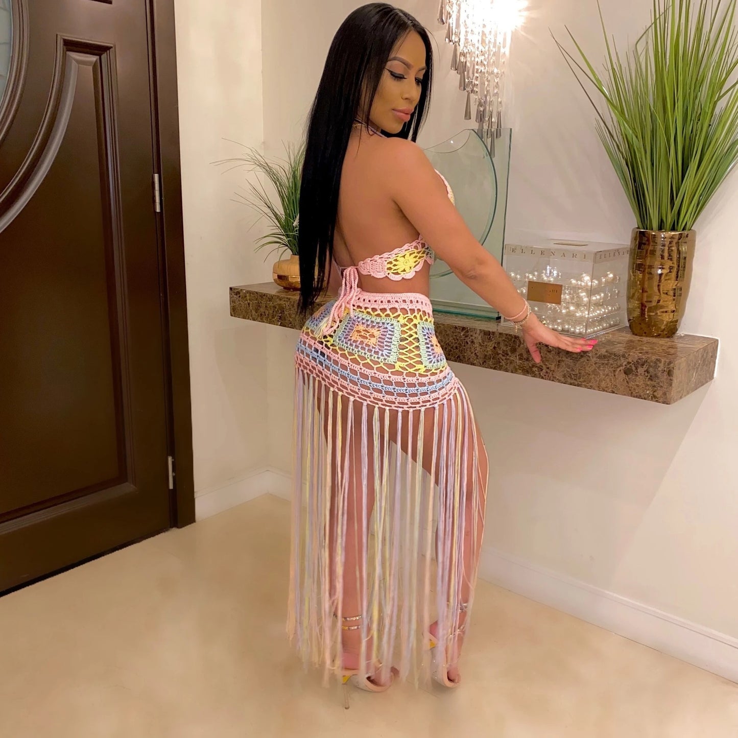 ANJAMANOR Sexy Crochet Tassel Two Piece Skirt Set Beach Dress Suit Summer Outfit Womens 2022 2 Piece Matching Sets D48-EG26