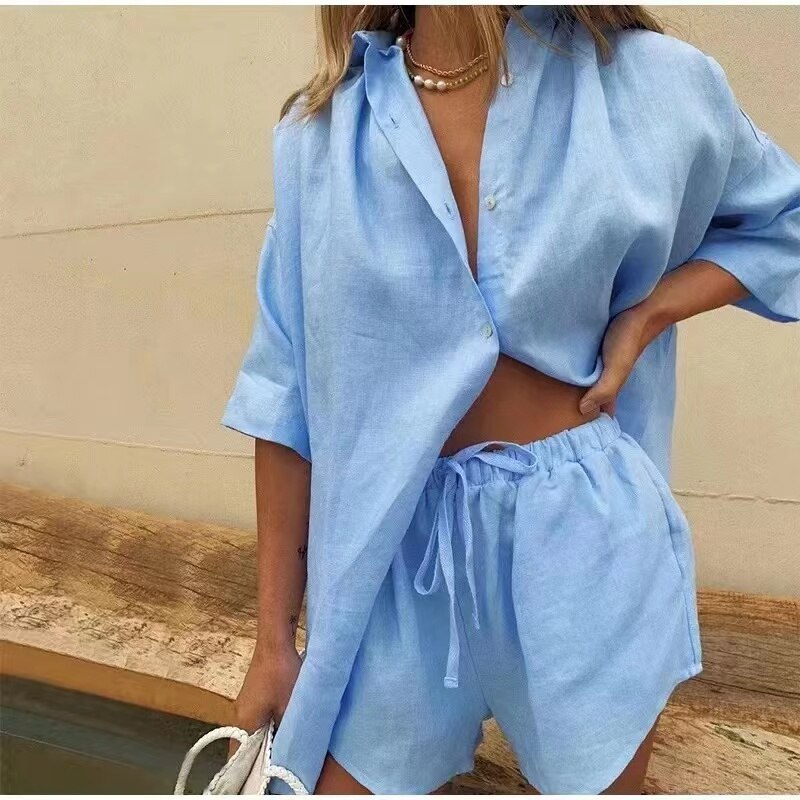 2022 New Casual Womem Lounge Wear Summer Solid Tracksuit Shorts Two Piece Set Short Sleeve Shirt Tops And Drawstring Shorts Suit