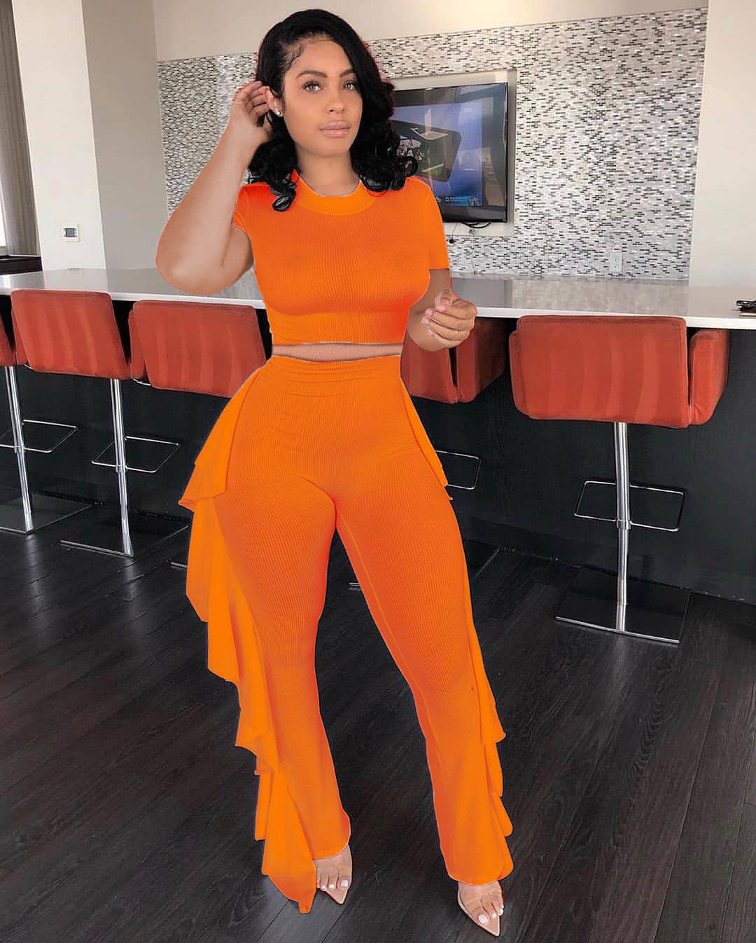 Lounge wear Solid Tracksuit Women Summer O Neck Short Sleeve Crop Top + Ruffles Pants Slim Two Piece Set Outfits Streetwear