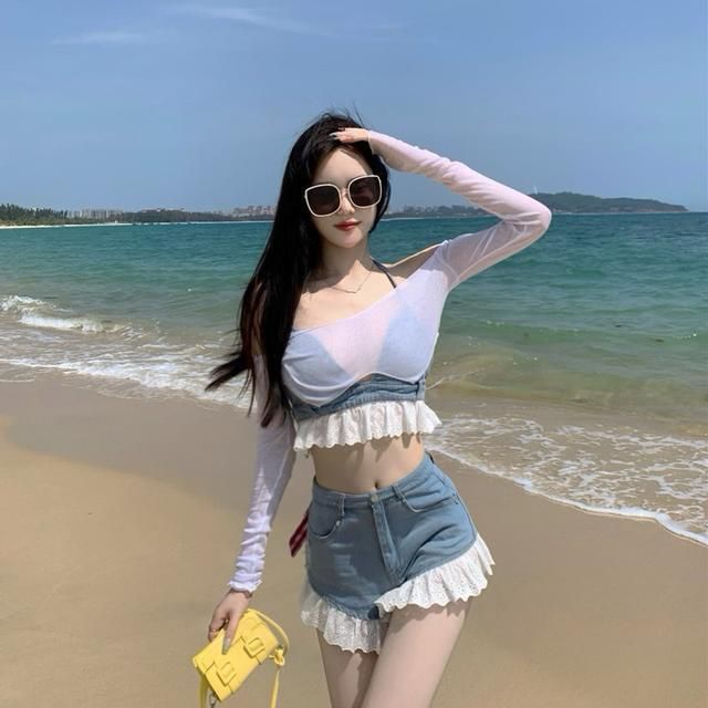 Lolita Girls Blue Denim Lace Two Piece Set Sexy Women Bustier Camis Crop Top High Waist Shorts Outfits Sexy Femenino 2 Piece Set