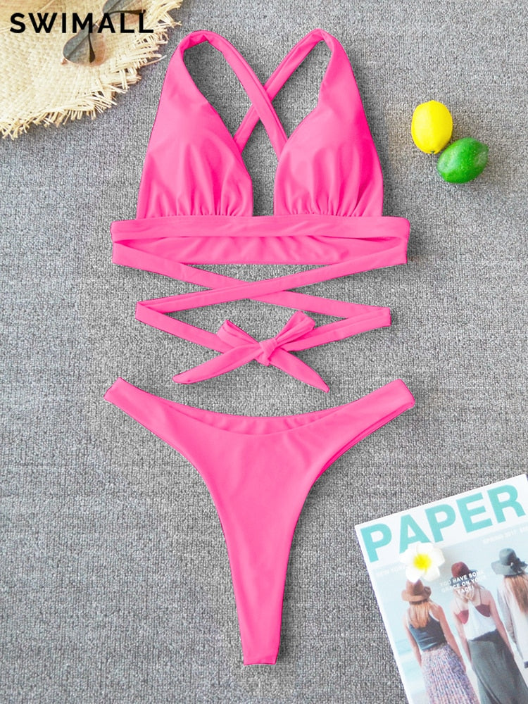 Sexy Bikini 2022 Solid Swimsuit Female Swimwear Women Push Up Bikini Set Cross Bandage Bathing Suit Beach Wear Swimming Suit