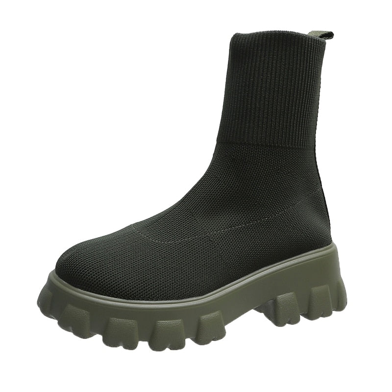 Ankle Sock Stretch Boots Designer Chunky Platform Snow Boots 2021 New Winter Warm Fashion Mid Heels Knitting Chelsea Women Shoes