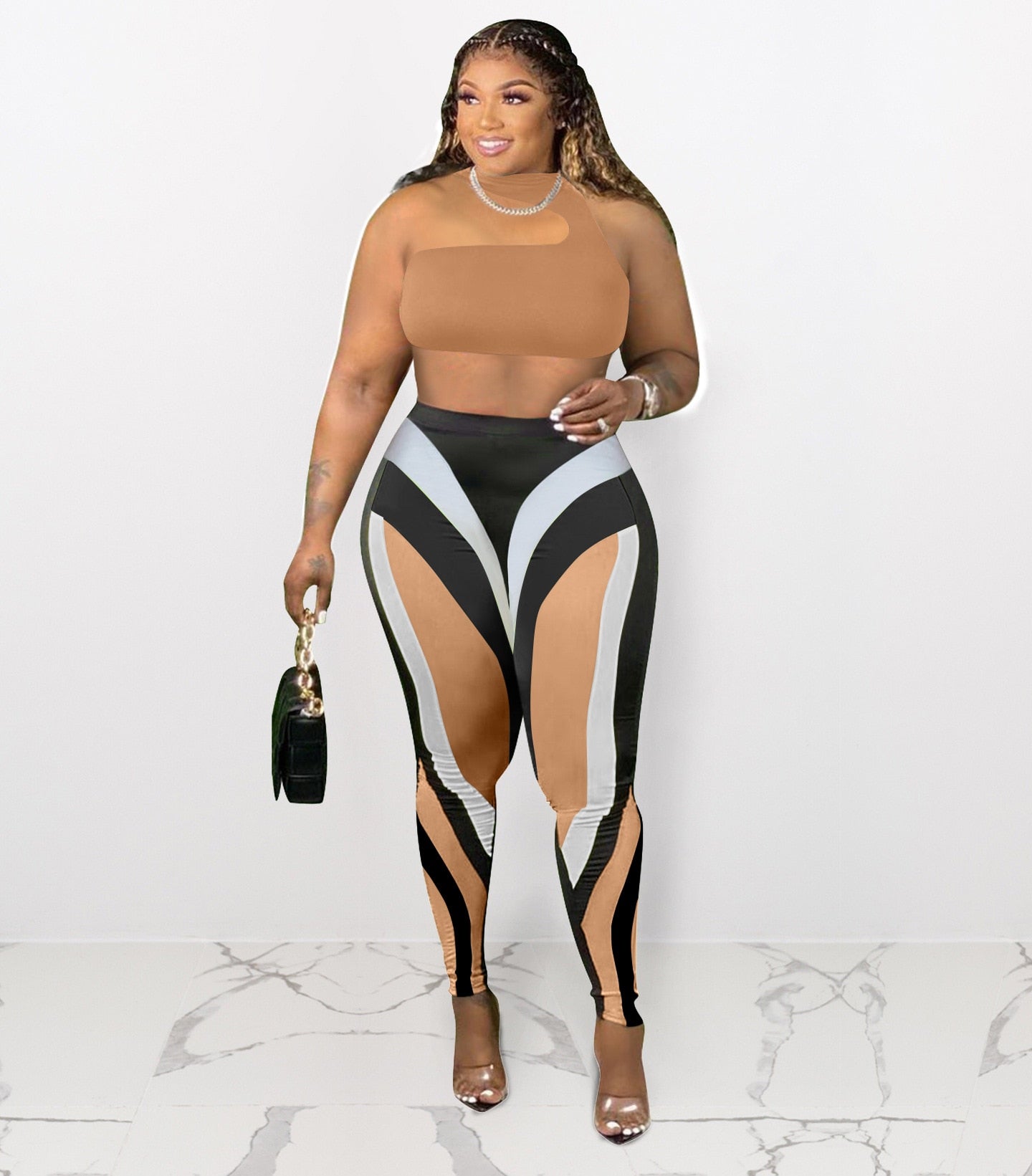 Color Block Summer 2 Piece Set Outfits Sexy One Shoulder Sleeveless Crop Top + Push Up Leggings Skinny Club Matching Set Sport