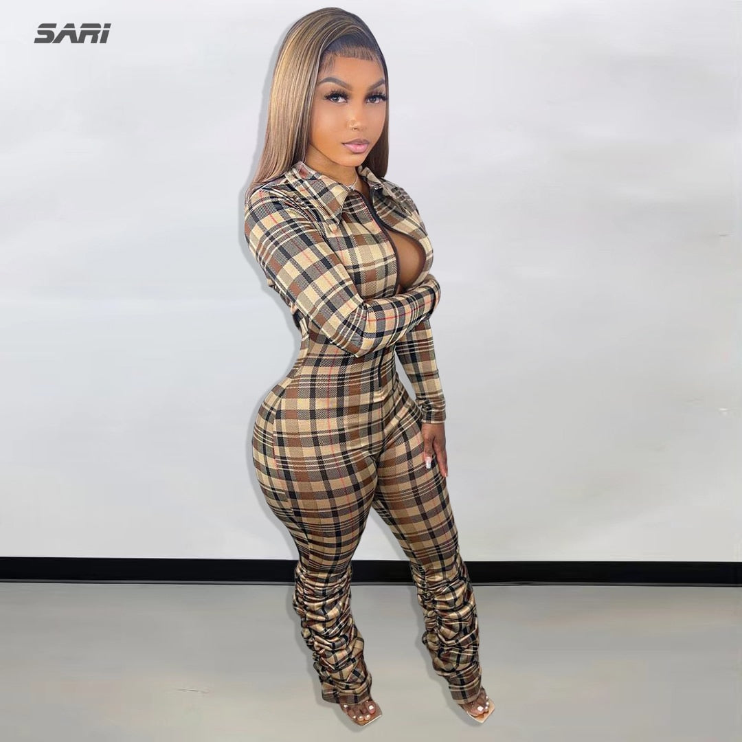 2022 Jumpsuit Women Slim Fit Zipper V Neck Sexy Fashion Plaid Bodysuit Spring Outdoor Sportswear Club Romper Pleated Pants