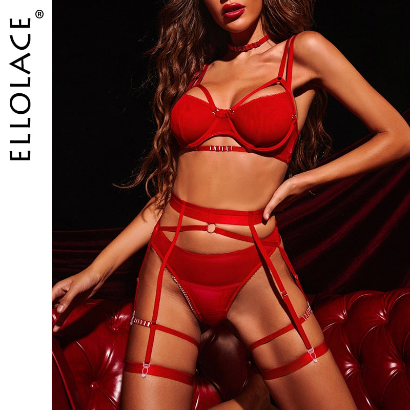 Ellolace Erotic Lingerie Sexy Breves Sets Red Sensual Underwear Push Up Bra with Bones Lace Transparent Seamless Intimate
