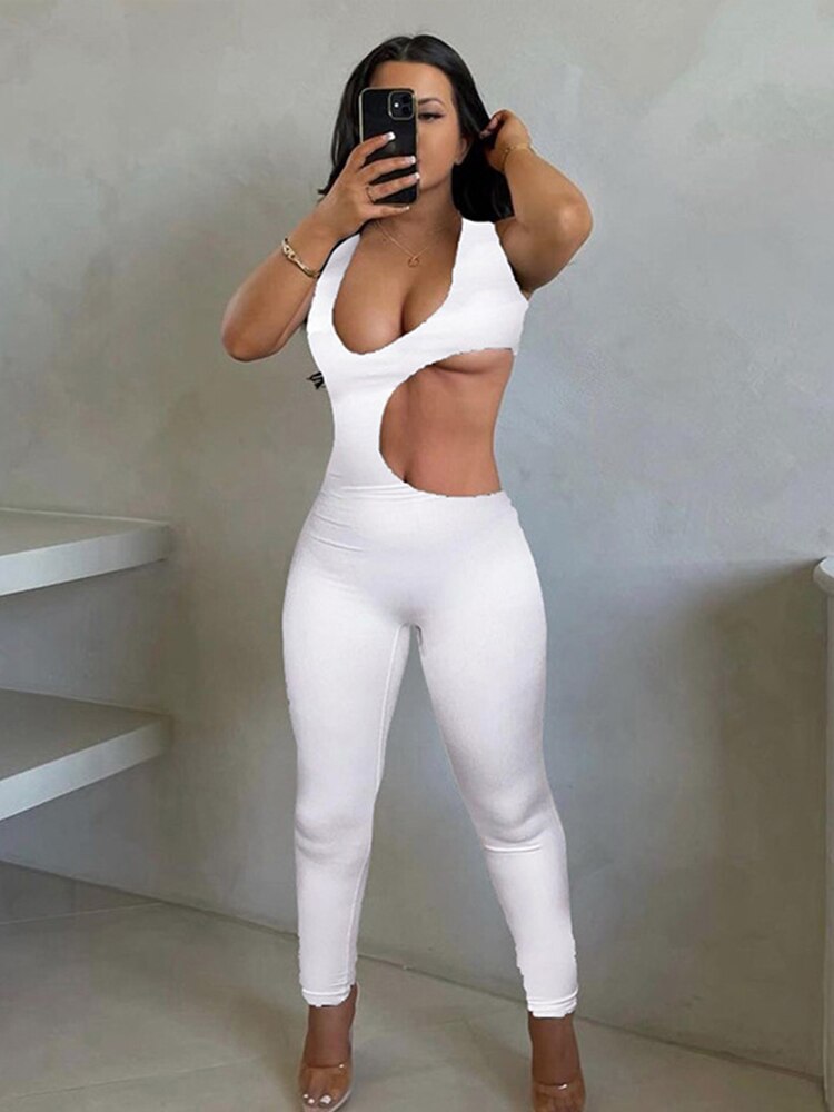 Joskaa Solid Irregular Cut Out Sleeveless Bodycon Rompers and Women Jumpsuits Summer 2022 Sexy Fitness Workout Jump Suits